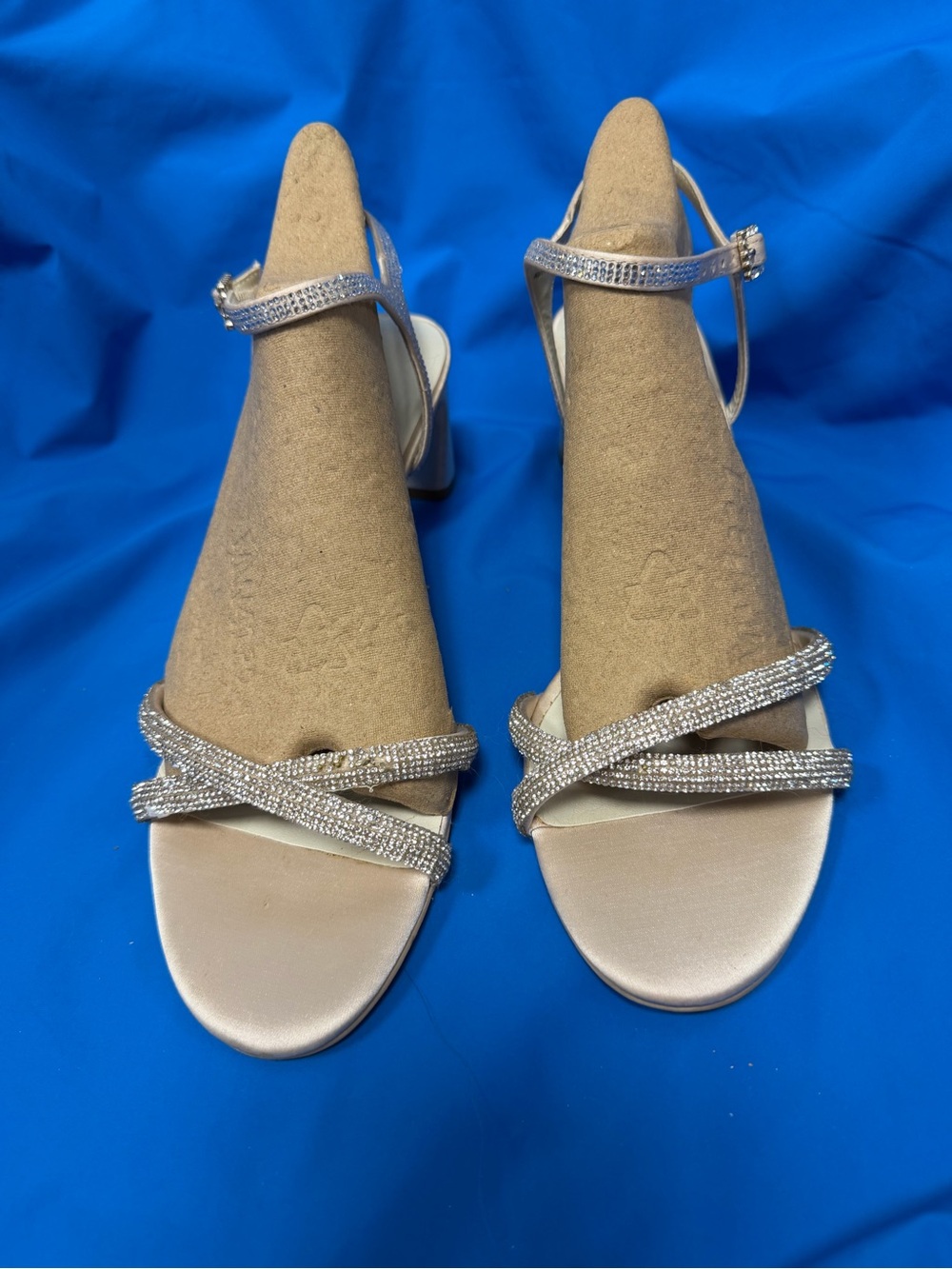 Oleg Cassini Sparkling Nude Strappy Block Heel Sandals—Size 8, worn once